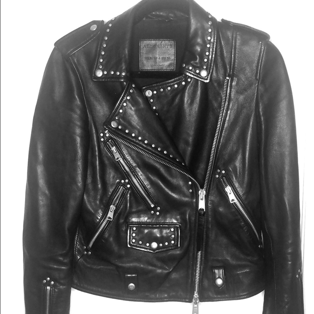All Saints Black Studded Leather Jacket - Size 4